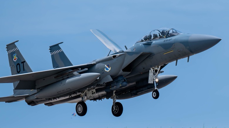 U.S. Air Force F-15EX Eagle II landing on clear day