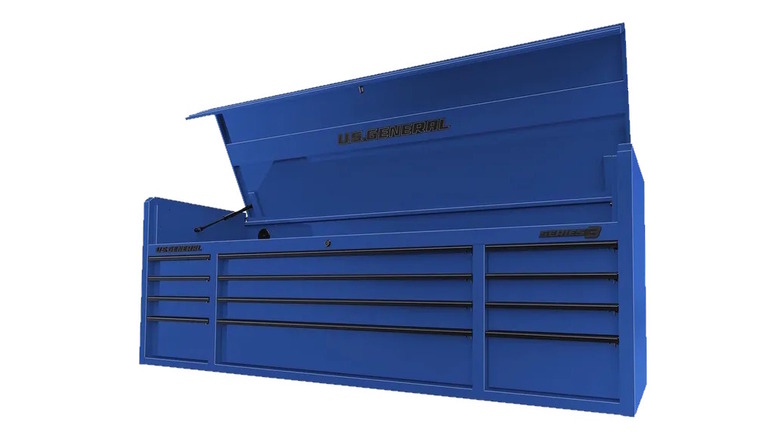 The U.S. General Series 3 blue tool chest with open lid on a white background.