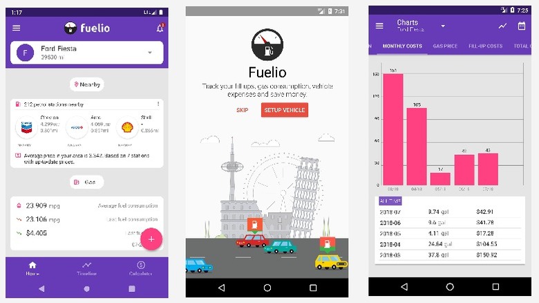 Fuelio app screens