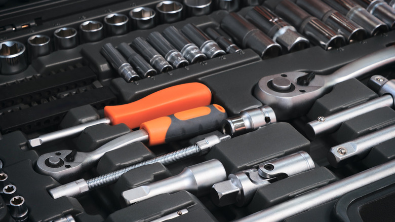 Different hand tools in a tool box