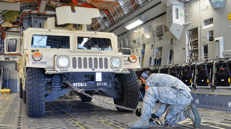 A Humvee on a plane