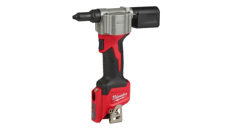 Red and black rivet tool with silver head