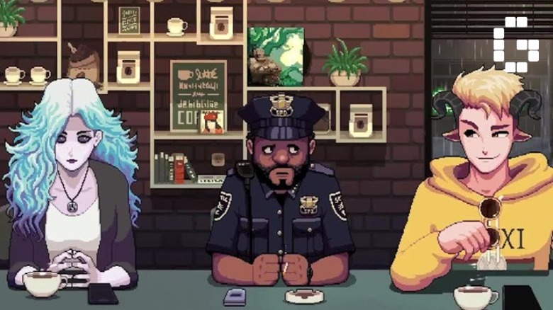 Characters drinking coffee and talking in Coffee Talk 2