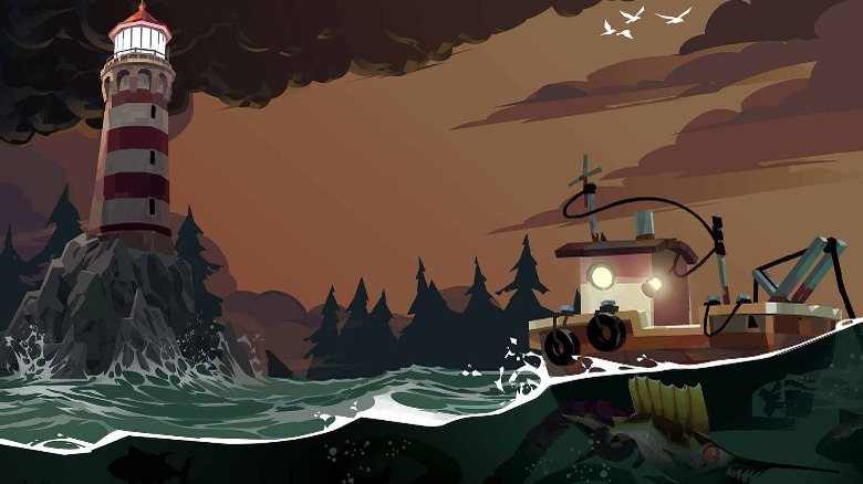 The ship in DREDGE near a lighthouse