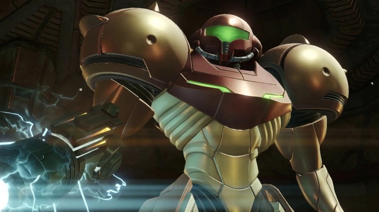 Samus usando sua arma de fusão em Metroid Prime Remastered