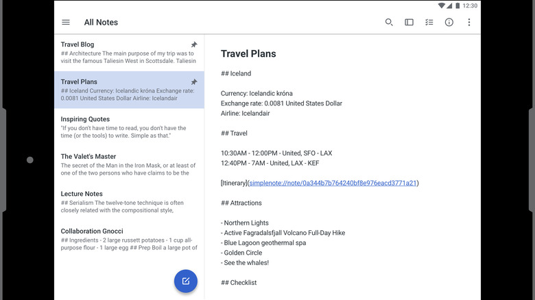 SImplenote UI on an android tablet
