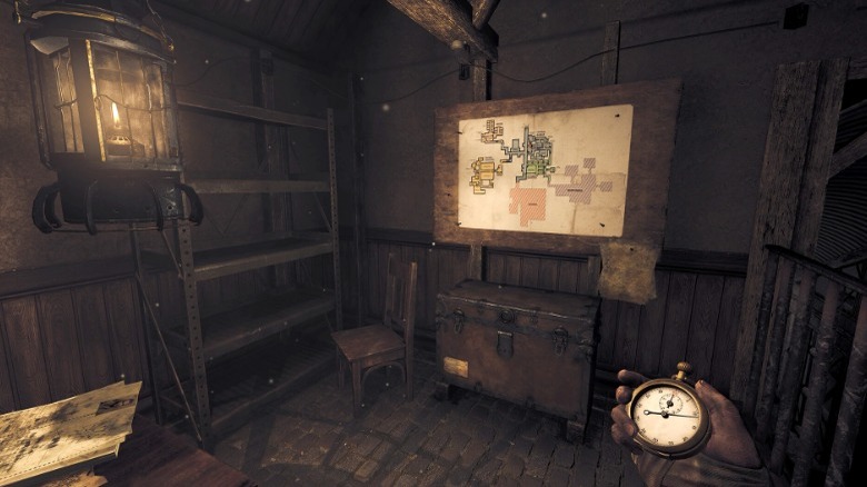 Character standing in bunker with stopwatch