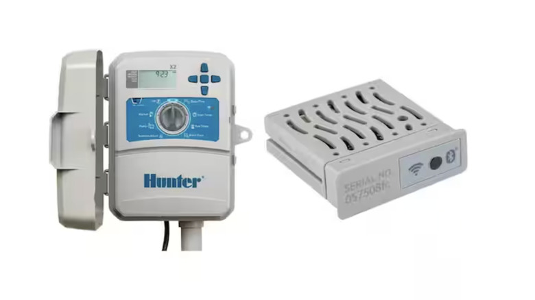 Hunter Hydrawise controller with sensor chip on white background
