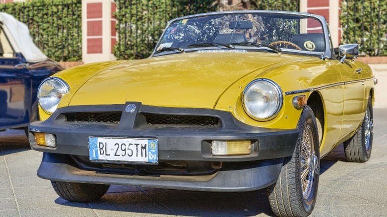 Yellow, convertible MGB Roadster