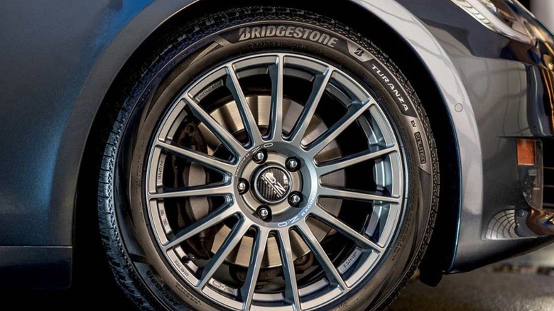 Close-up of Bridgestone Turanza EV tire on a car