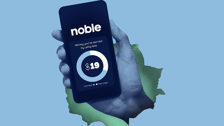A digital hand holding a smartphone with Noble Mobile graphics