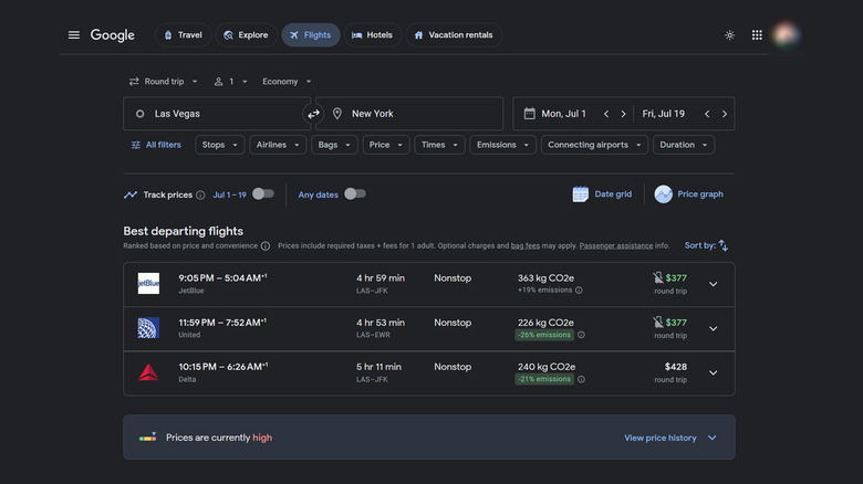 google flights search page