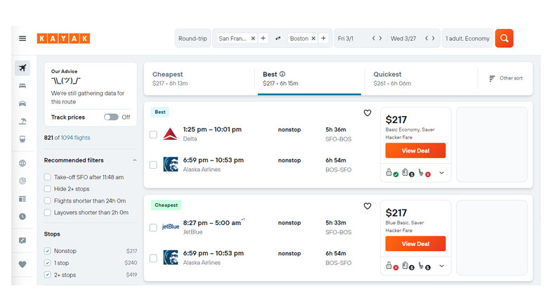kayak flights search results page