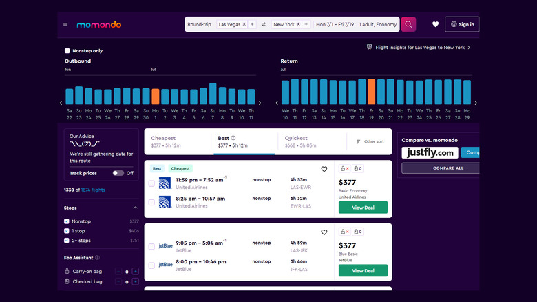 momondo flight search page