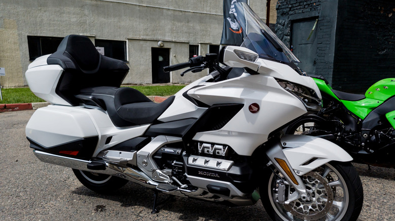 White Honda Gold Wing parked in parking lot