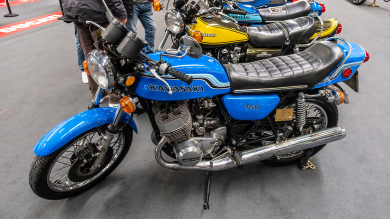 Blue Kawasaki H2 Mach IV at motorcycle show