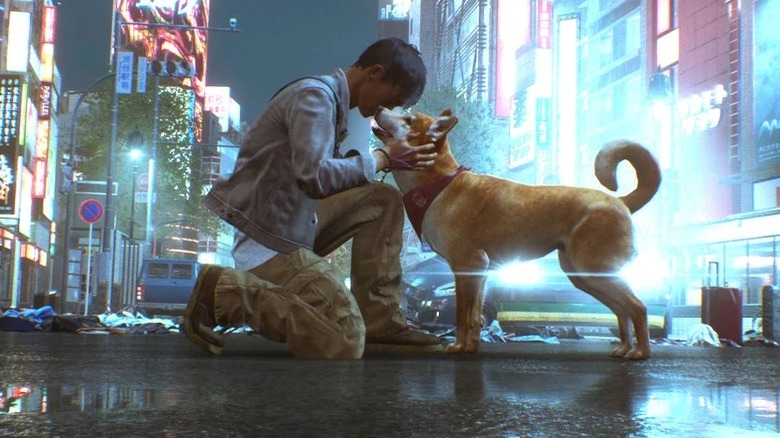 A young boy stroking a dog in GhostWire: Tokyo