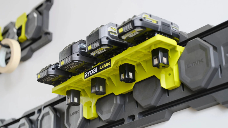 Ryobi Link One+ Battery Shelf mounted on a Ryobi Link wall rails