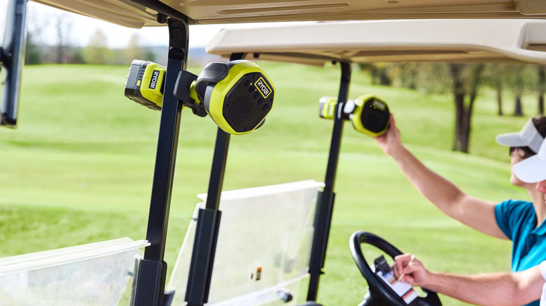 Ryobi One+ 18V Cordless Verse Clamp Speaker on a golf cart