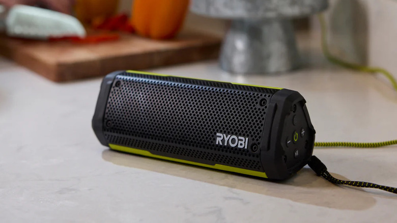 Ryobi USB Lithium speaker on a table