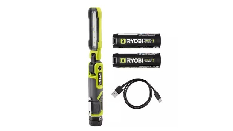 Ryobi USB Lithium Inspection Light with batteries and cables on white background