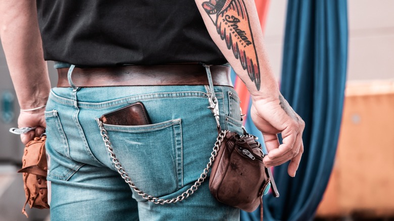 Close up of biker wallet chain