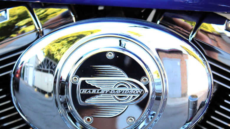 An engine of a classic Harley-Davidson Heritage Softail motorcycle with chrome parts.