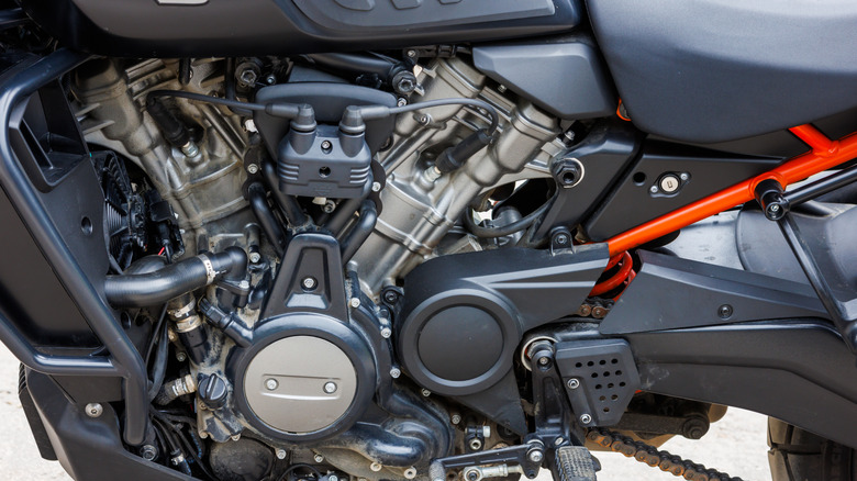 Motorcycle on parking at spring day, close view of Revolution Max 1250 engine in Tula