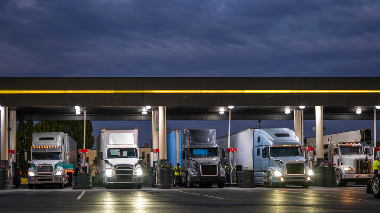 A line of semi trucks photographed in the evening from the front, all parked at a gas station lot.