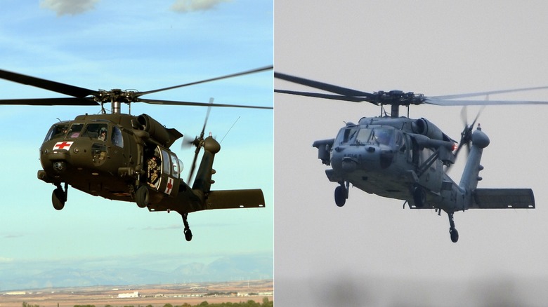 A UH-60 Black Hawk and MH-60 Seahawk helicopter hovering side-by-side
