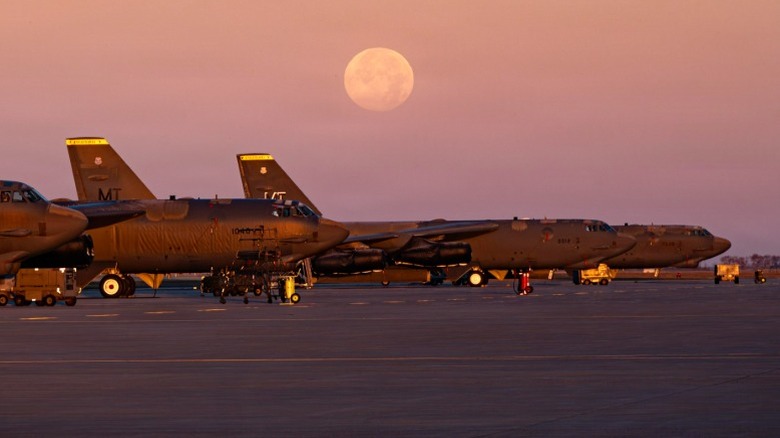 B-52 bombers parked at Minot Air Force base in at sunset