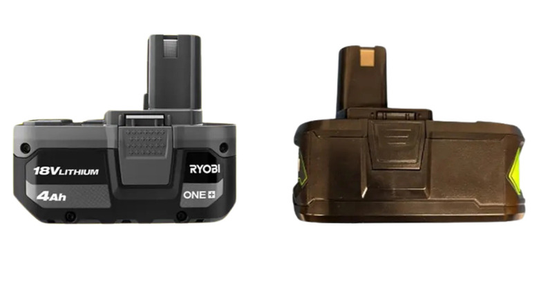 A real Ryobi battery next to a counterfeit battery