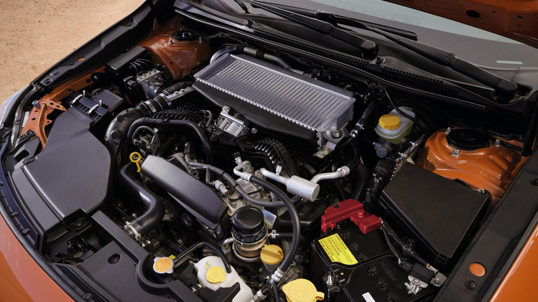2022 Subaru Impreza WRX with intercooled boxer, hood-open view of engine