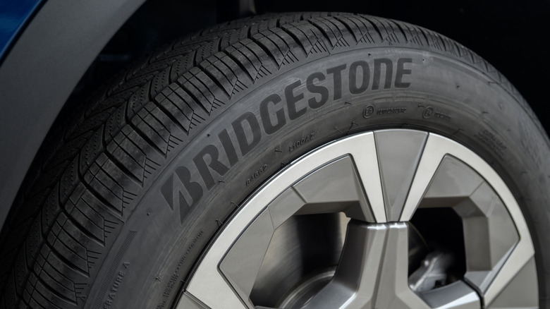 close-up of a Bridgestone nameplate on a tire