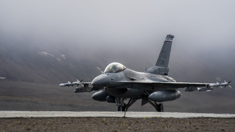 A F-16 Fighting Falcon landing at Buckley Space Force Base