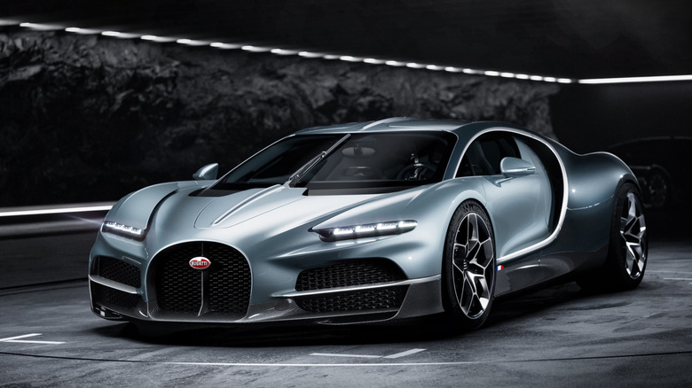 Bugatti Tourbillon concept on stylized gray background, front-left 3/4 view