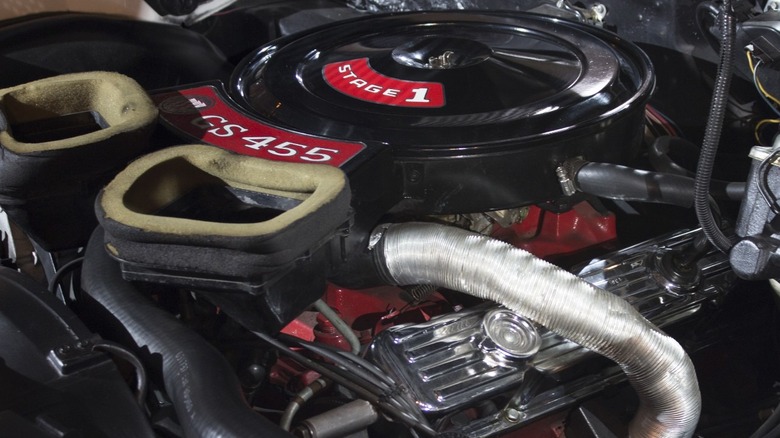 Close shot of 1970 Buick GSX engine in museum setting