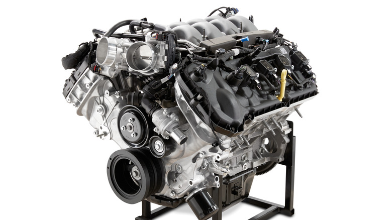 Ford 5.0 Coyote V8 engine on white background