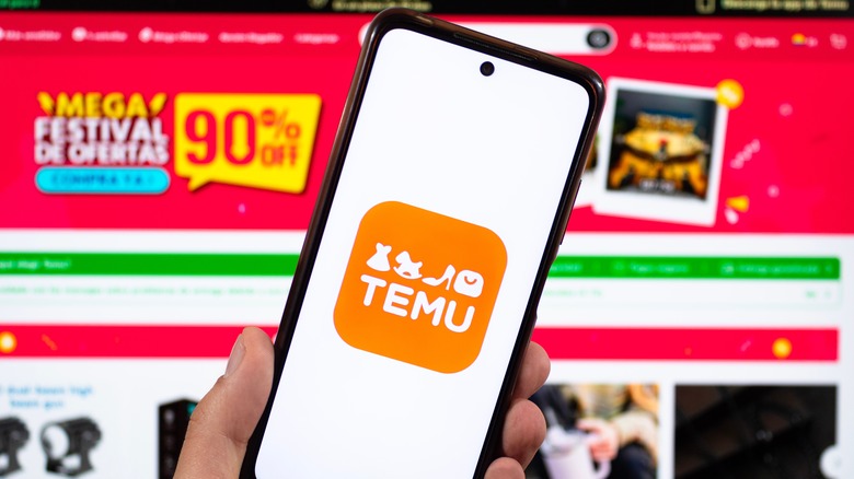 Temu app on Android phone website in the background