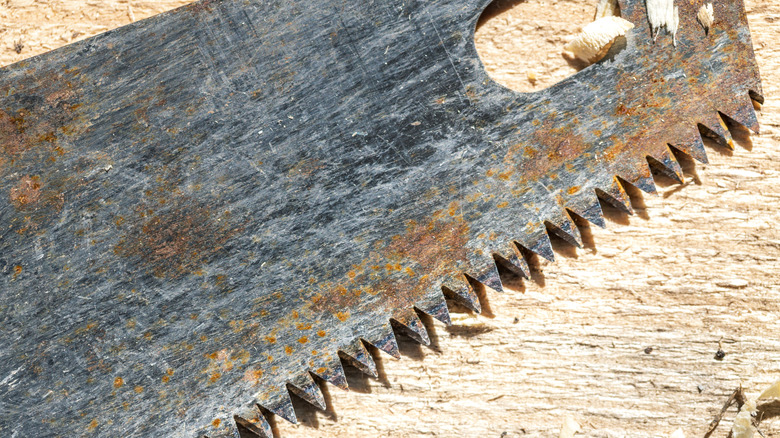 A rusty saw blade with sharp teeth