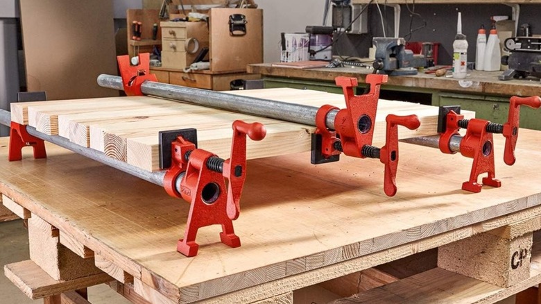 Bessey H-Style Pipe Clamps holding a woodworking project.