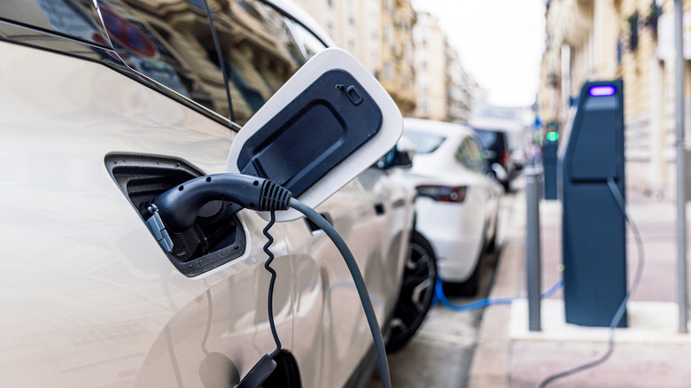 Electric cars lined up for charging.