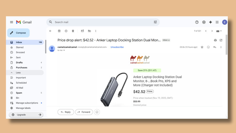 Screenshot of an email receeived showing a price drop notification from camelcamelcamel