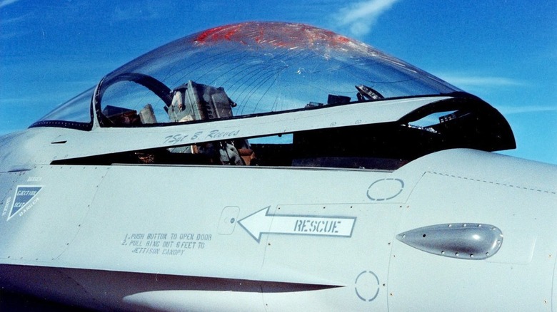 An F-16's canopy damaged after a bird strike