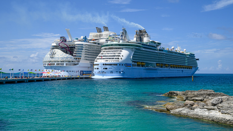 Two cruise ships docked close together