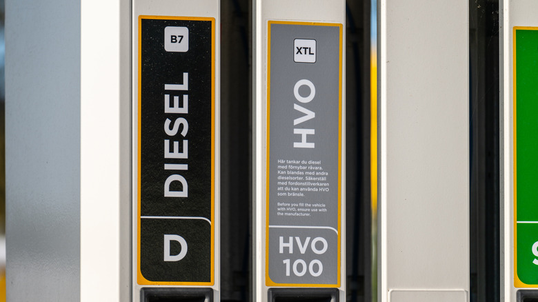 Diesel and HVO signs at a fuel pump