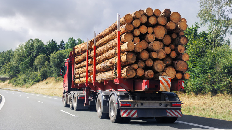 Log-carrying trailer on semi truck driving down highway