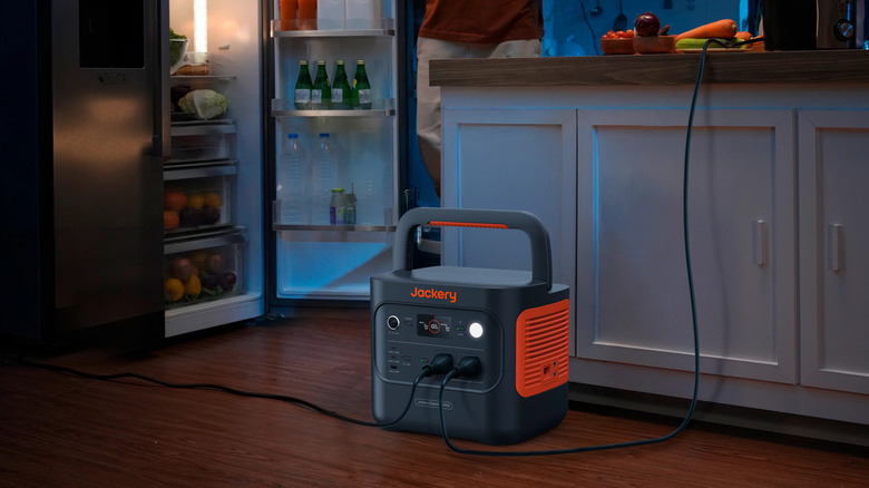 Jackery connected to open refrigerator in the kitchen