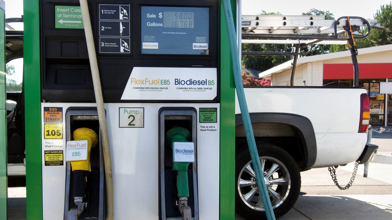 White truck parked next to a biodiesel gas pump