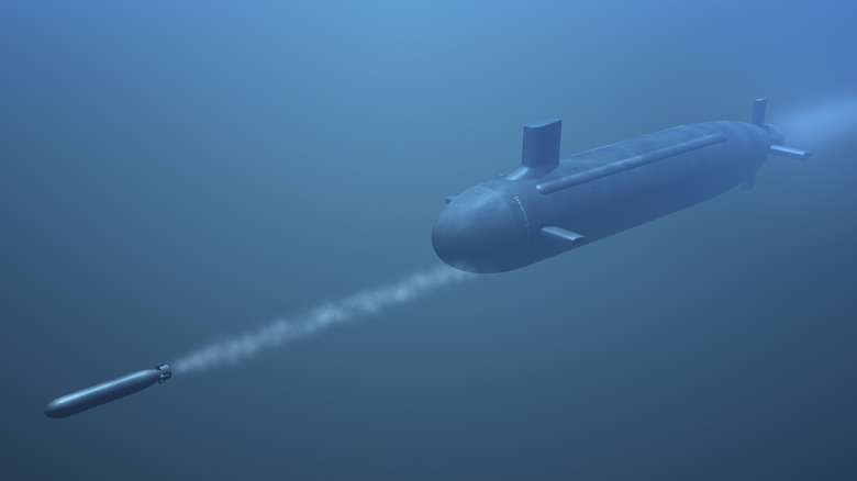 Render of a submarine firing a torpedo